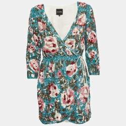 Retrofete Blue Floral Pattern Sequin Embellished Crepe Wrap Dress S