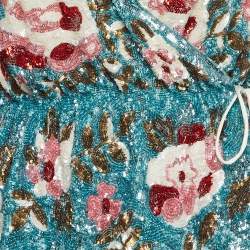 Retrofete Blue Floral Pattern Sequin Embellished Crepe Wrap Dress S