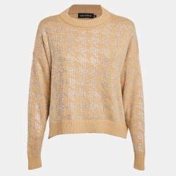 Retrofete Beige Rhinestone Embellished Rib Knit Mal Sweater XS