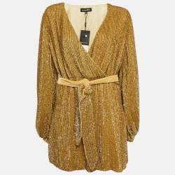 Retrofete Gold Sequin Embellished Velvet Trim Chiffon Belted Tunic XL