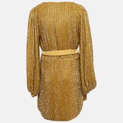 Retrofete Gold Sequin Embellished Velvet Trim Chiffon Belted Tunic XL
