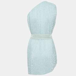 Retrofete Blue Velvet Trim Sequin One Shoulder Dress S