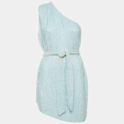 Retrofete Blue Velvet Trim Sequin One Shoulder Dress S