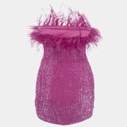 Retrofete Bright Pink Sequin Embellished Faux Feather Detail Strapless Mini Dress S