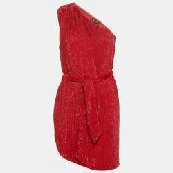 Pre Owned Retrofete Dark Red Sequin Belted One-Shoulder Mini Dress S