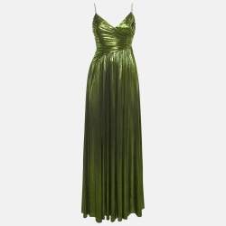 Pre Owned Retrofête Metallic Green Lamé V-Neck Draped Doss Maxi Dress XS