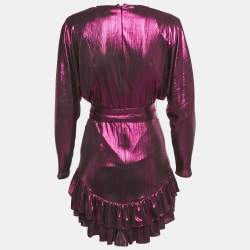 Pre Owned Retrofete Pink Lamé Belted Ruffle Detail Mini Dress S