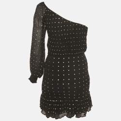 مملوكة مسبقًا فستان قصير بكتف واحد مرصع بالترتر حريري أسود ريتروفيتي مقاس صغير جداً