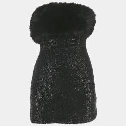 Pre Owned Retrofete Sequins Faux Fur Detail Strapless Mini Dress XS
