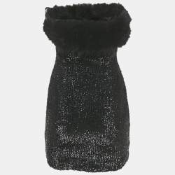 Pre Owned فسستان قصير بدون حمالات بتفاصيل فرو اصطناعي مرصع بالترتر ريتروفتي مقاس صغير جداً