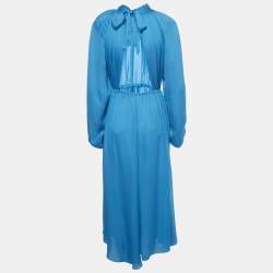 Pre Owned Rhode Blue Crepe Mock Neck Tie Up Midi Dress S