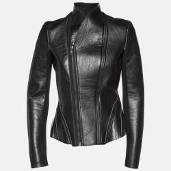 Rick Owens Black Leather Zip-Up Knit Paneled Biker Jacket M