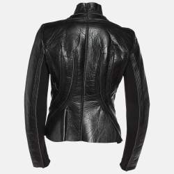 Rick Owens Black Leather Zip-Up Knit Paneled Biker Jacket M