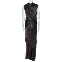 Rick Owens Dark Dust Grey Draped Satin Sleeveless Maxi Dress S