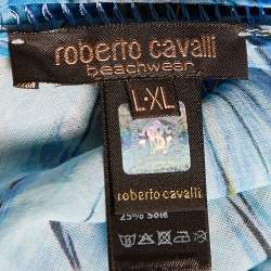 Roberto Cavalli Beachwear Blue Printed Cotton & Silk Kaftan L/XL