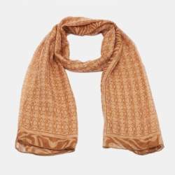 Pre Owned Roberto Cavalli Brown Logo Printed Silk Scarf