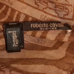 Pre Owned Roberto Cavalli Brown Logo Printed Silk Scarf
