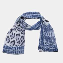 Pre Owned Roberto Cavalli Blue Snake Print Silk Metallic Stole