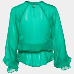 Pre Owned Roberto Cavalli Green Silk Sheer Lace Up Blouse S