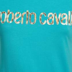 Pre Owned Roberto Cavalli Blue Logo Print Jersey T-Shirt M
