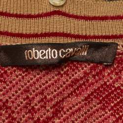 Pre Owned Roberto Cavalli Beige/Red Floral Jacquard Knit Detachable Fur Collar Cardigan M