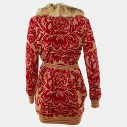 Pre Owned Roberto Cavalli Beige/Red Floral Jacquard Knit Detachable Fur Collar Cardigan M