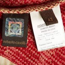 Pre Owned Roberto Cavalli Beige/Red Floral Jacquard Knit Detachable Fur Collar Cardigan M