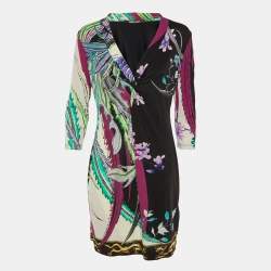 Pre Owned Roberto Cavalli Purple Abstract Floral Print Jersey Knotted Mini Dress L