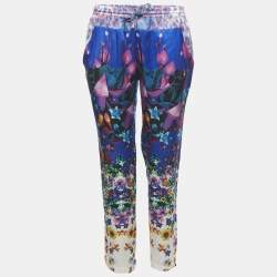 Pre Owned Roberto Cavalli Blue Floral Print Stain Trousers L