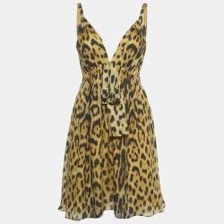 Pre Owned Roberto Cavalli Brown Leopard Print Silk Mini Dress M