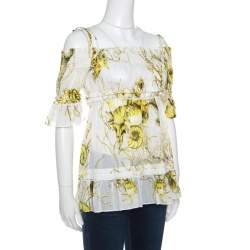 Roberto Cavalli White and Yellow Floral Printed Cotton Off Shoulder Blouse M