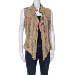 Roberto Cavalli Multicolor Printed Silk and Beige Suede Overlay Sleeveless Vest M 