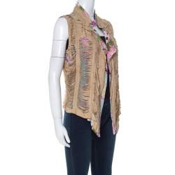 Roberto Cavalli Multicolor Printed Silk and Beige Suede Overlay Sleeveless Vest M 