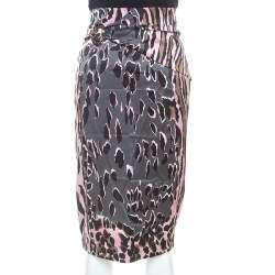 Roberto Cavalli Pink and Grey Animal Print Silk Midi Skirt M