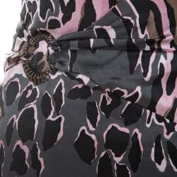 Pre Owned Roberto Cavalli Pink and Grey Animal Print Silk Midi Skirt M