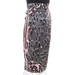 Pre Owned Roberto Cavalli Pink and Grey Animal Print Silk Midi Skirt M