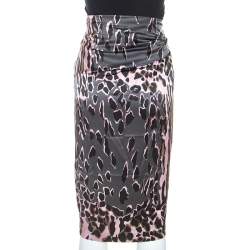 Pre Owned Roberto Cavalli Pink and Grey Animal Print Silk Midi Skirt M
