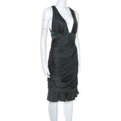 Pre Owned Roberto Cavalli  Dark Green Stretch Knit Flared Bottom Draped Midi Dress L