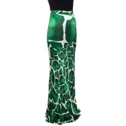Pre Owned تنورة ماكسي روبرتو كافالي حرير أخضر مطبوع واسعة مقاس متوسط (ميديوم)
