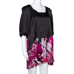 Pre Owned Roberto Cavalli Black & Fuschia Floral Printed Silk Pleated Mini Dress M
