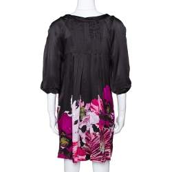 Pre Owned Roberto Cavalli Black & Fuschia Floral Printed Silk Pleated Mini Dress M