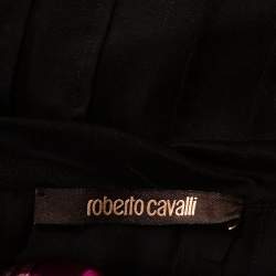 Pre Owned Roberto Cavalli Black & Fuschia Floral Printed Silk Pleated Mini Dress M