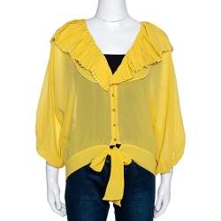 Pre Owned بلوزة روبرتو كافالي جورجيت أصفر بطيات مقاس كبير (لارج)