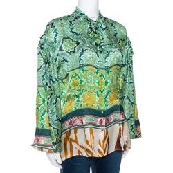 Pre Owned Roberto Cavalli Green Floral Paisley Printed Silk Blouse M 