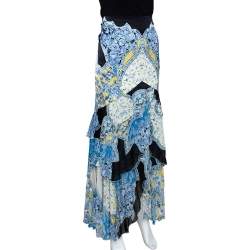 Pre Owned تنورة روبرتو كافالي ماكسي ممزقة حرير طباعة زهور زرقاء L