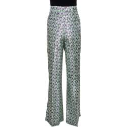 Pre Owned Roberto Cavalli Pastel Green Floral Printed Silk Wide Leg Trousers L 