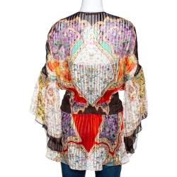 Pre Owned بلوزة روبرتو كافالي حرير مورد مطبوع متعدد الألوان شفافة مقاس كبير (لارج)
