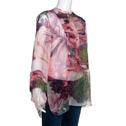 مملوكة مسبقًا Roberto Cavalli Pale Pink Printed Silk Pleated Sheer Blouse M