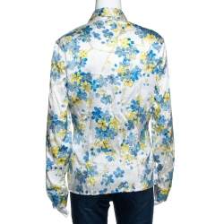 Pre Owned Roberto Cavalli White Floral Printed Stretch Silk Button Front Shirt L