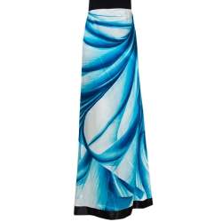 Pre Owned Roberto Cavalli Blue Printed Silk Satin Mermaid Maxi Skirt L 